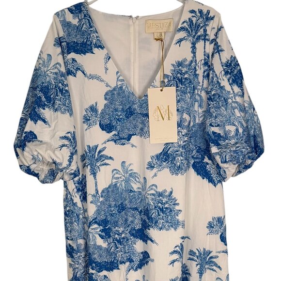 Mestiza Women White & Blue Floral Printed Tie-Belt High Low Hem Maxi Dress Sz L - Picture 3 of 16